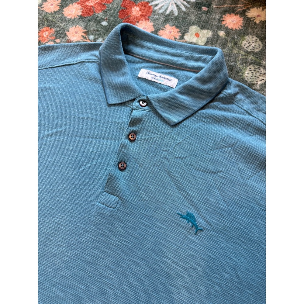 Tommy Bahama IslandZone Mens XXL Polo Shirt Blue Textured Short Sleeve Tencel